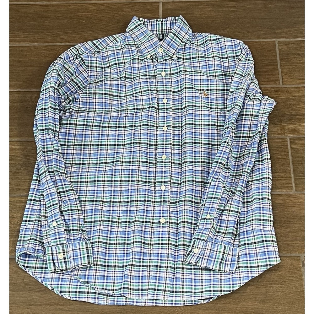 Ralph Lauren Men's 100% Thick Cotton Blue Plaid Button Down Logo Shirt Sz Large